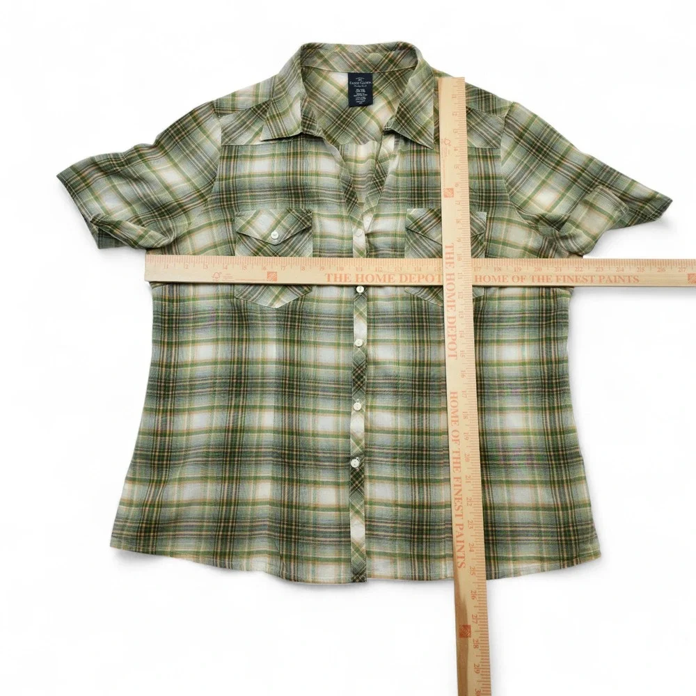 Faded Glory Girls Plaid Western Button Up Shirt XL Green Tan Cotton Retro Youth - Picture 6 of 6